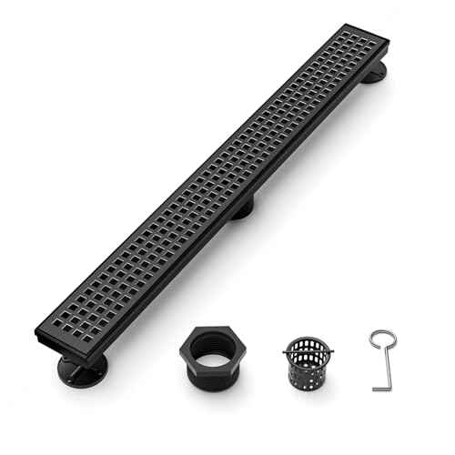 24 Inch Black Linear Shower Drain, Rectangular Shower Floor Drains with Square Hole Cover, 304 Stainless Steel Linear Drain with Leveling Feet, Hair Strainer (Matte Black)