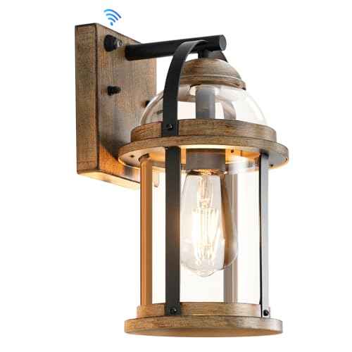 OKELI Dusk to Dawn Outdoor Wall Sconce Waterproof Lighting Fixture, Rustic Farmhouse Wall Sconces with Clear Glass Shades, Rust Resistant Exterior Lights for Patio Front Porch(Wood Grain, 1 Pack)