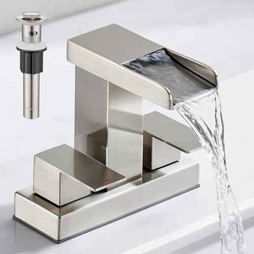 Waterfall Bathroom Faucet for Sink 3 Hole, 4 inch, Brushed Nickel Waterfall Sink Faucets with Pop-up Drain and 2 Supply Hoses, Stainless Steel 2-Handle Centerset Faucet for Sink Vanity, T-6008BN