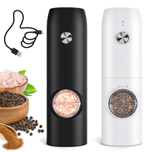 Electric Salt and Pepper Grinder Set-Rechargeable Automatic Pepper Mill Grinder with LED Christmas Gifts for Women, USB Adjustable Coarseness shakers, One-Hand Operation for Kitchen Appliances