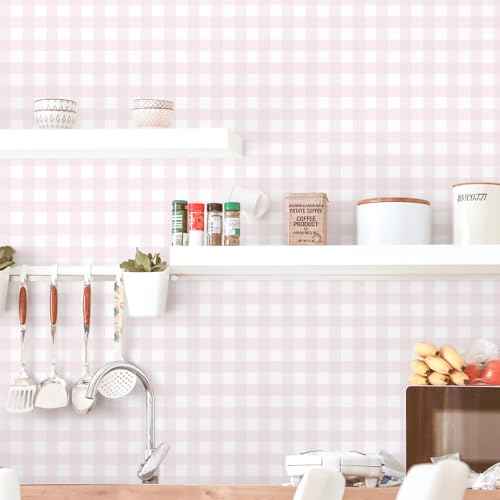 Cohoo Home Pink Plaid Peel and Stick Wallpaper Boho Plaid Contact Paper for Cabinets Pink Checkered Geinham Contact Paper Self Adhesive Removable Wallpaper Bathroom Nursery Waterproof 17.3inW 591inL