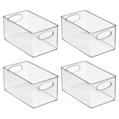 mDesign Plastic Home Closet Organizer - Basket Storage Holder Bin w/ Handles for Bedroom, Bathroom, Cabinet Shelves, Entryway, and Hallway - Holds Sweaters, Purses - Ligne Collection - 4 Pack - Clear