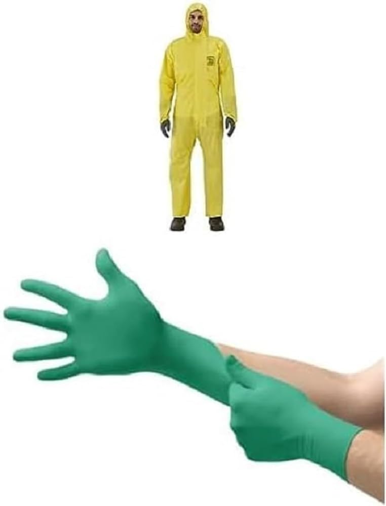 Ansell AlphaTec 2300 Model 132, Disposable Work Overall with Hood, Yellow, size XL (1 piece) TouchNTuff 92600VP Disposable Nitrile Gloves, Green, Size XL (20 Gloves)
