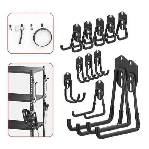 WALMANN 12 PCS Garage Storage Hooks, Wall Mount Utility Hooks for Tools, Ladders, Cords, Folding Chairs, Shovels and Rakes, Shelving Hooks for Keyhole Shelving Units(Black)
