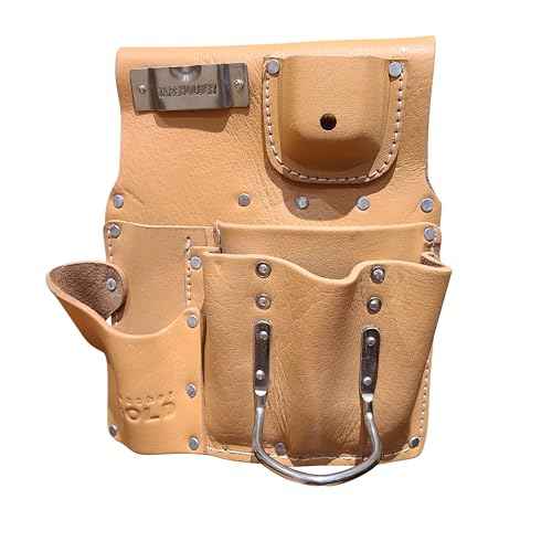 Genuine Leather Drywall Tool Pouch 3505R-TAN 8 Pocket Heavy Duty Top Grain Leather Drywall Pouch with Steel Hammer Loop & Tape Measure Clip - Fits Belts up to 2.5'