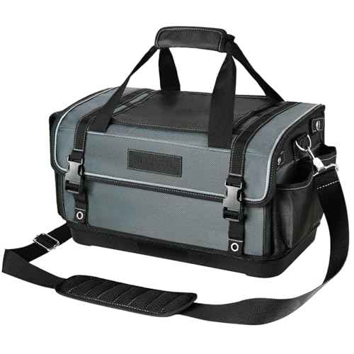 Heavy Duty Tool Bag with Wide Mouth, Full-Open Tool Bag, Tool Box Organizer Storage, Tool Tote with Adjustable Shoulder Strap, Portable, Waterproof, Multi-Pockets, Molded Base, Blue-grey