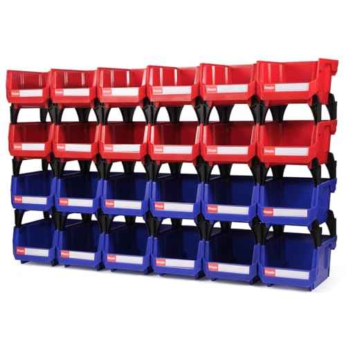 Stackable Storage Bins 24 Pack (5x4x3 Inch), Plastic Stackable Storage Organizer Bins Wall Mounted Hanging Small Parts Bin for Garage, Workbench & Office (Blue & Red)