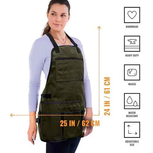 Under NY Sky Tool Apron - 20 Pockets and Slots, Cross-Back, Heavy-Duty Waxed Canvas - Woodwork, Garden, Shop (Green Cross-Back)