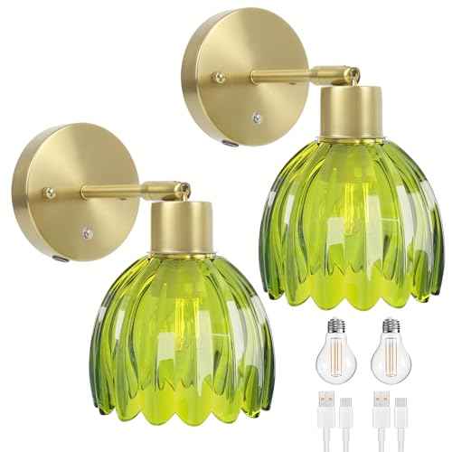 Vintage Battery Operated Wall Sconces Set of 2, 5200mAh Wireless Rechargeable Wall Lamps with Green Glass Tulip Lampshade, Cordless Wall Mounted Lights for Bedroom Vanity Living Room