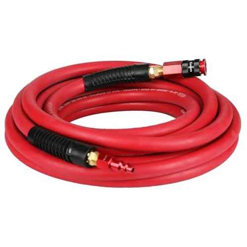 Keepro Rubber Air Hose, Durable Air Compressor Hose 3/8 Inch ID By 25 Feet Long with Swivel Universal Aluminium Quick Coupler and Plug, 300 PSI Maximum Pressure, Red