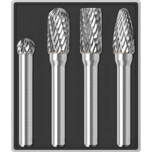 4Pcs Carbide Burr Set 1/4 Shank w/Clear Box Head Dia 8mm Die Grinder Bits Rotary Tools Attachment Kit Rasp File Accessories Metal Wood Stone Steel Grinding Deburring Cutting Porting Carving