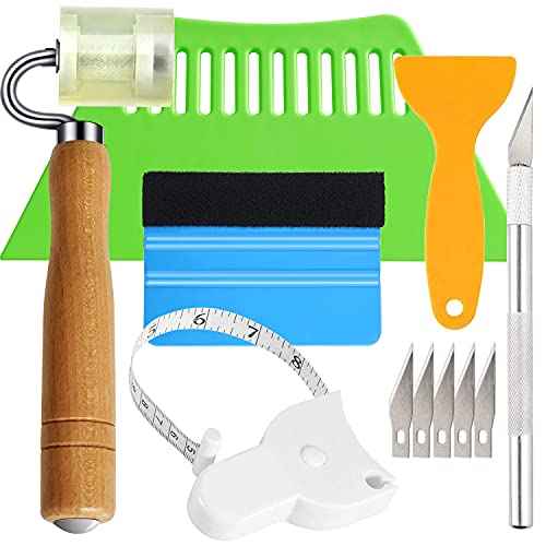 Adhesive Wallpaper Install Tool Kit with Double-sided Tape Measure, Craft Knife with 5 Blades, 3 Types of Scrapers, PU Hand Roller, for Wallpaper Window Film and Car Deadening Mats