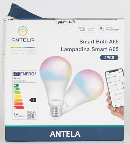 ANTELA Smart Bulb E27 A65 12W 1350LM Alexa WiFi Light Bulbs, 2700K-6500K RGB Dimmable Light, Compatible with Alexa/Google Home, 2 Packs