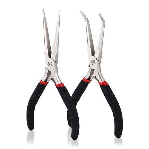 Premium 6 Inch Mini Needle Nose Pliers Set - 2 PCs Bent and Straight Long Nose Pliers with Comfort Grip - Non-Serrated Rust-Proof Long Reach Jewelry Pliers for Jewelry Making, Handmade Craft