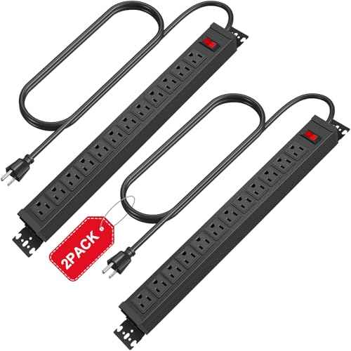 HHSOET 2 Pack Rotating Mountable Power Strip, 12 Outlet Wall Mount Surge Protector, Metal Heavy Duty and Versatile Outlet Strip, Stylish Appearance, Sturdy and Durable, 6ft Power Cord.(Black)
