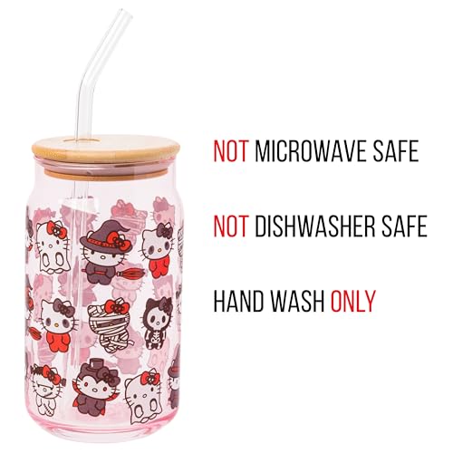 Silver Buffalo Sanrio Hello Kitty and Friends Halloween Spooky Costumes Ghost Witch Vampire Zombie Frankenstein Skeleton Pink Glass Jar Tumbler with Bamboo Lid and Glass Straw, 16 Ounces