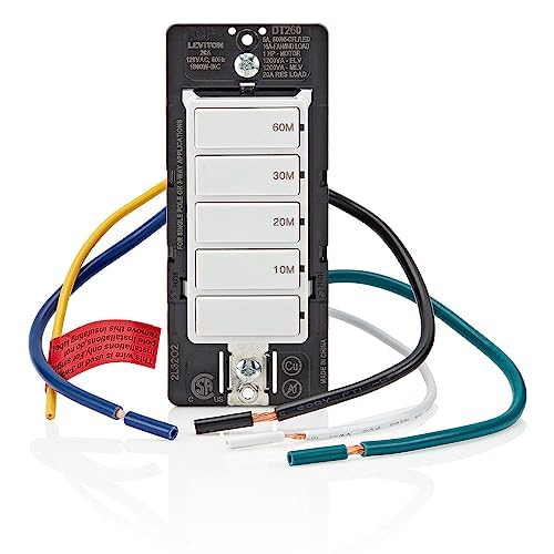 Leviton Countdown Timer Switch for bathroom fan and household lights, 5-10-15-30 min, No Neutral Required, Single Pole, 15A, 1/2 HP/9.8A Fan/Motor, DT130-1LW, White