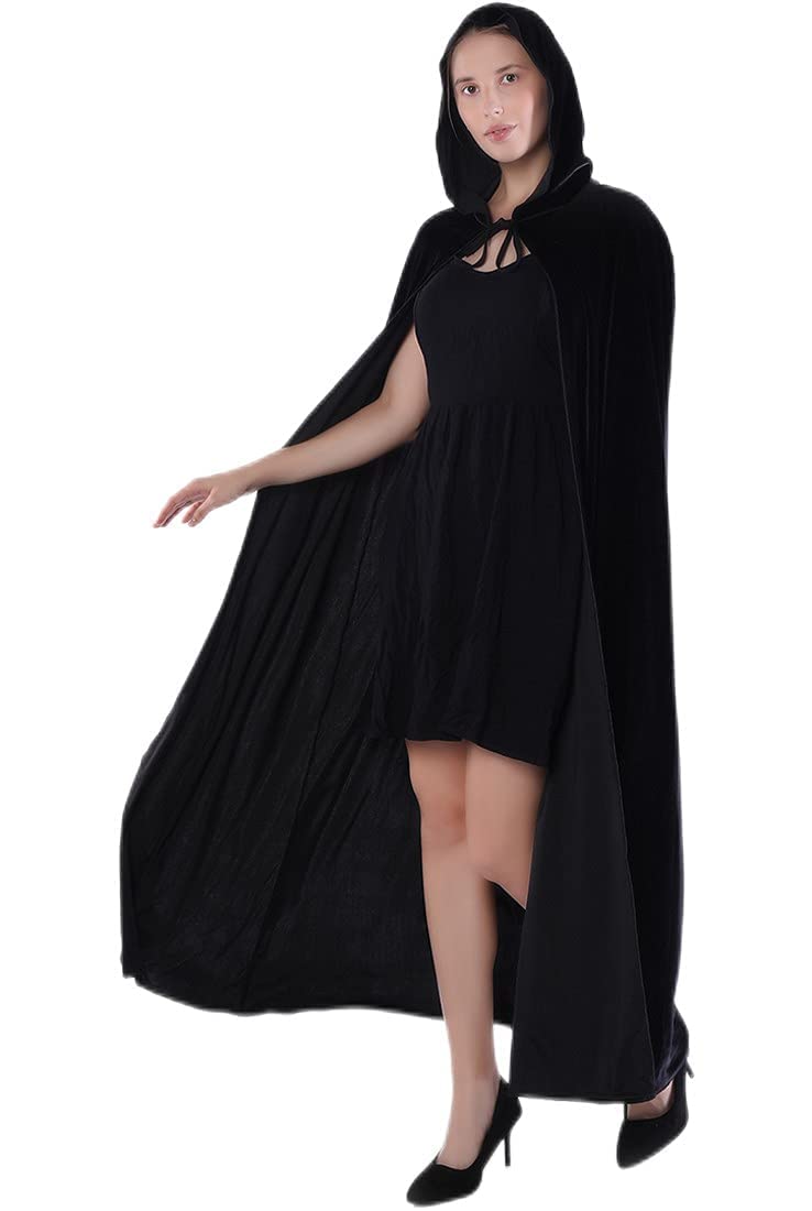 Velvet Cloak Cape Wizard Hooded Party Halloween Cosplay Costumes for Men Women 53” (Black)