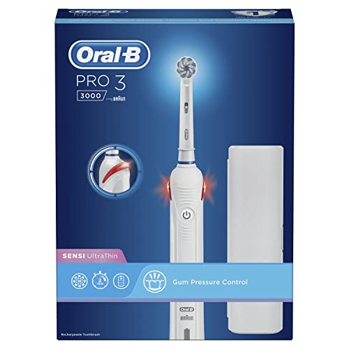 Oral-B Pro 3 Electric Toothbrush with Smart Pressure Sensor, Gifts for Women/Men, 2 Toothbrush Heads, 2 Modes with Sensitive Clean, Travel Case, 2 Pin UK Plug, 3000, White