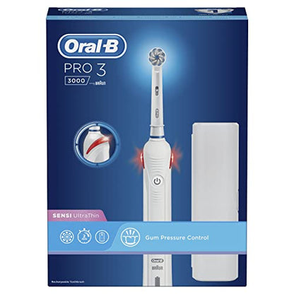 Oral-B Pro 3 Electric Toothbrush with Smart Pressure Sensor, Gifts for Women/Men, 2 Toothbrush Heads, 2 Modes with Sensitive Clean, Travel Case, 2 Pin UK Plug, 3000, White