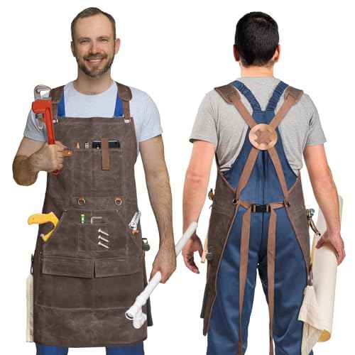 Waxed Canvas Woodworking Apron - 22oz Carpenter Apron for Men and Women, Shop Aprons with 9 Pockets & Cross Back Straps