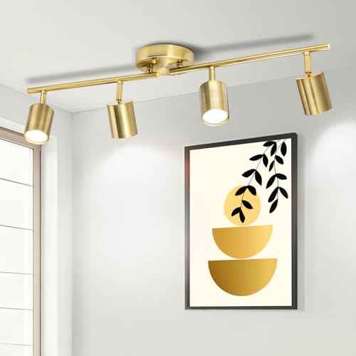 4 Ways Track Lighting, Rotatable Heads Tracks Light, Track Lightings Fixtures Ceiling with Foldable Arms, Brushed Gold Tracks Light for Kitchen, Living Room, Hallway(Bulbs Not Included)