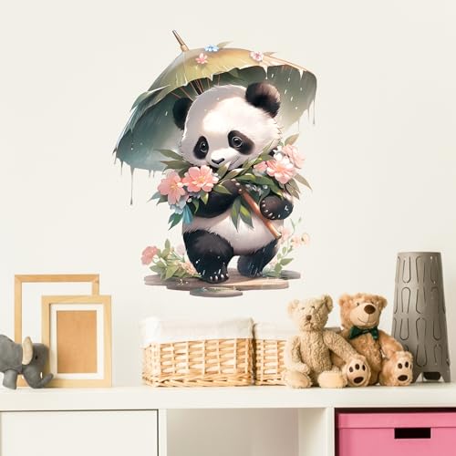 Panda & Bamboo Umbrella and Flowers Wall Stickers Nursery Animal Wall Decals for Kid Removable Peel and Stick Wall Art Home Decor Decoration for Classroom Preschool Living Room Bedroom