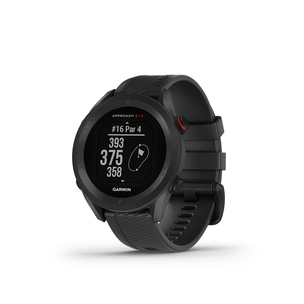 Garmin Approach S12 GPS 44mm Golf watch, essential on course features, pre loaded with 43,000 courses, up to 30 hours in GPS mode, Black