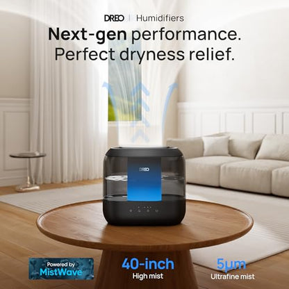 Dreo Top Fill 4L Humidifiers for Bedroom, 36H Runtime, 28 dB Quiet Cool Mist Supersized Air Humidifier for Large Room, Plants, Baby Nursery, Indoor, Night Light, Easy to Clean & Fill, Black
