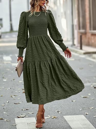 PRETTYGARDEN Women 2025 Spring Puff Long Sleeve Crewneck Smocked Maxi Dress Empire Waist Tiered A-line Swing Flowy Long Dress(Army Green,Small)