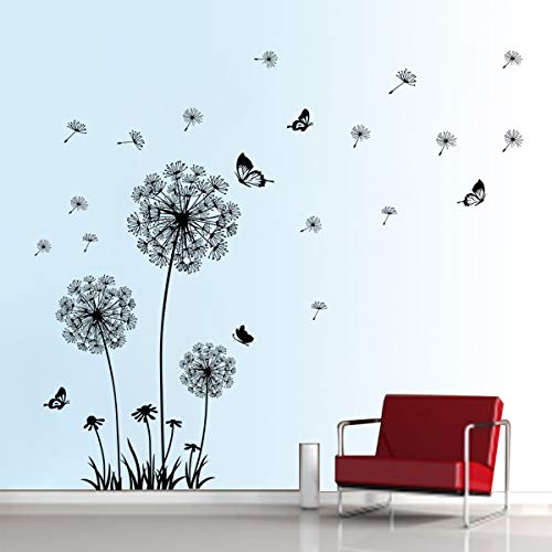 decalmile Dandelion Wall Decals Flying Flowers Butterflies Wall Stickers Dandelion Wall Art Living Room Bedroom Decor (Black)