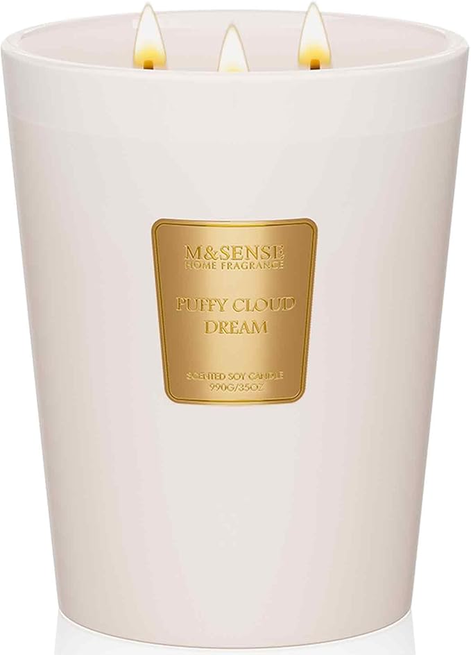 M&SENSE Puffy Cloud Dream Scented Candle, 35oz Extra Large 3 Wick Natural Soy Wax, 150 Hours Long Lasting Slow Burning, Candles Gift for Fall Winter Festival Housewarming Home Decor