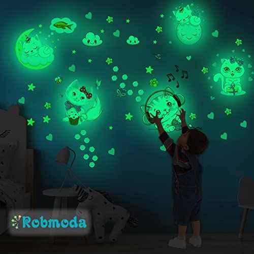 Glow in The Dark Stars for Room,Cats Glowing Wall/Ceiling Decals, Kitten Butterflies Stickers for Kids Bedroom, Clouds Bees Luminous Wall Decor for Boy and Girl Living Room