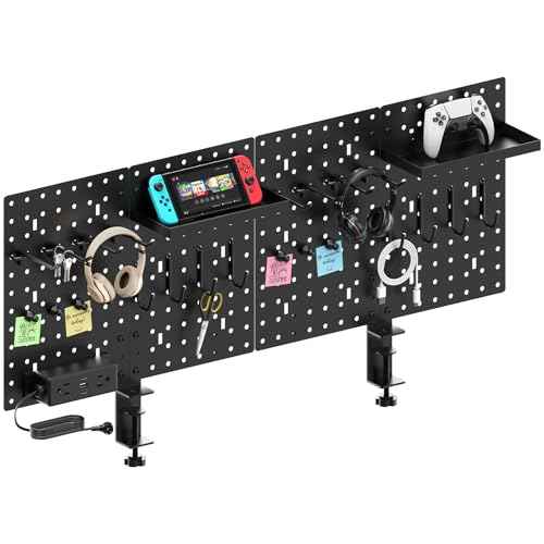 CCCEI Set Desk Organizer and Storage Pegboard with Charging Station, Gaming Standing Office Supplies Shelf Accessorie, Black Desktop Clamp Peg Board Privacy Organization Panel. Gifts for Men, 6FT.