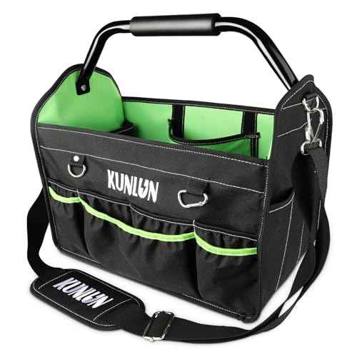 17-Inch Open Top Tool Bag, Electrician Tool Bag, Tool Tote Bag Organizer for Easy Tool Access, 33 Pockets Foldable Tool Carrier with Rotating Steel Handle and Removable Shoulder Strap (Black+Green)