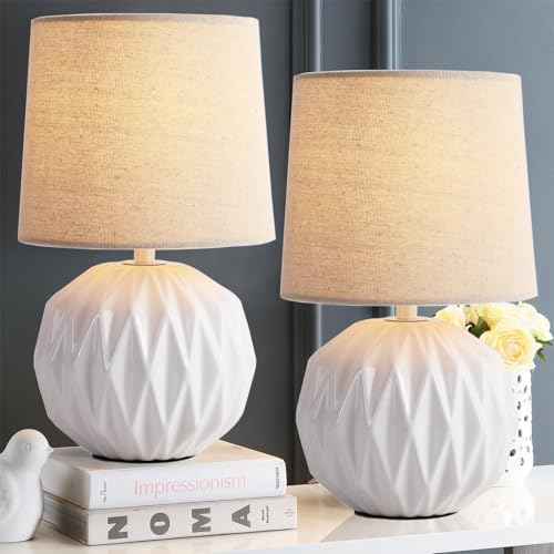 Somniferous Ceramic Bedroom Table Lamps Set of 2, Small Bedside Lamp, White Lamp with Linen Shade, Mid Century Modern Nightstand Lamp for Bedroom Living Room Office, 7W LED Bulb Included