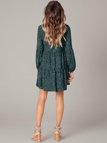 Amoretu Womens V Neck Bishop Long Sleeves Polka Dot Loose Fit Tunic Dress, Summer, Fall, 2025 (Green, S)