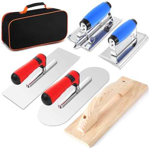 6pcs Concrete Hand Tools Set Masonry Tools Includes Stainless Steel Concrete Hand Edger, Groover, Wood Float, Finishing Trowel, Pool Trowel and Tool Bag for Cement Beginner Kit