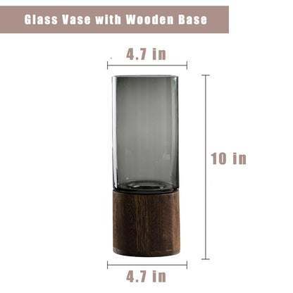 Artistic Wood Glass Vase, 10" H, Wooden Base Cylindrical Flower Vase, Classic Boho Rustic Style for Fireplace Bedroom Kitchen Living Room Centerpieces Office Desk