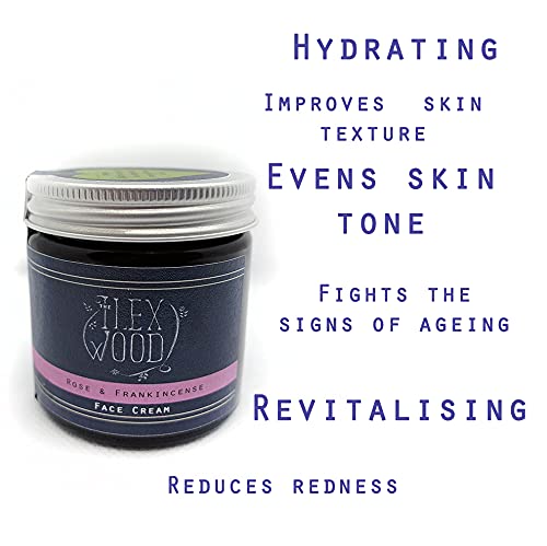 The Ilex Wood - Rose and Frankincense Face Cream - 100% Natural Handcrafted, Vegan, Moisturising, Anti Ageing, Wrinkle and Line Reducing Ingredients, Cruelty-Free, Palm Oil Free, Plastic Free - 60ml