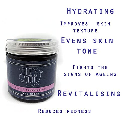 The Ilex Wood - Rose and Frankincense Face Cream - 100% Natural Handcrafted, Vegan, Moisturising, Anti Ageing, Wrinkle and Line Reducing Ingredients, Cruelty-Free, Palm Oil Free, Plastic Free - 60ml
