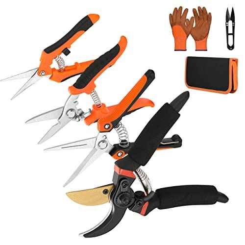 5 pack Garden Pruning Shears Stainless Steel Blades, Handheld Scissors Set with Gardening Gloves,Heavy Duty Garden Bypass Pruning Shears,Tree Trimmers Secateurs, Hand Pruner (Classic)