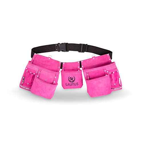LAUTUS Pink Tool Belt/Pouch/Bag, Carpenter, Construction, Framers, Electrician |11 Pockets| 2 Steel Hammer Holders|