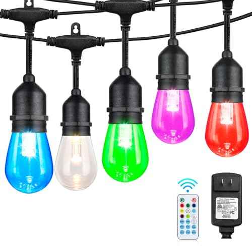 Auroraworld 48FT RGB Outdoor String Lights, Dimmable Color Changing Waterproof LED Patio Lights with Remote, 15 Shatterproof Bulbs for Porch Balcony Garden Party Decor