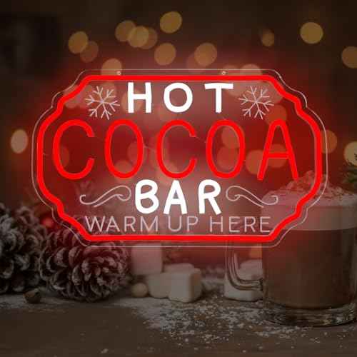 Hot Cocoa Bar Neon Sign Dimmable Christmas Coffee Led Sign Hot Chocolate Bar Warm Up Here Neon Lights Vintage Cocoa Light Up Sign for Kitchen Cafe Stations