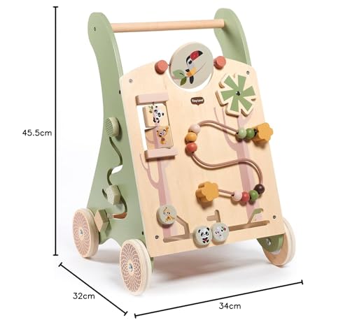 Tiny Love Wooden Baby Walker, Activity Walk Behind, 2-in-1 Activity Walker, 12 Interactive Activities, Supports Motor Skills, Cognitive Development, Comfortable Natural Design, 18+ Months, Boho Chic