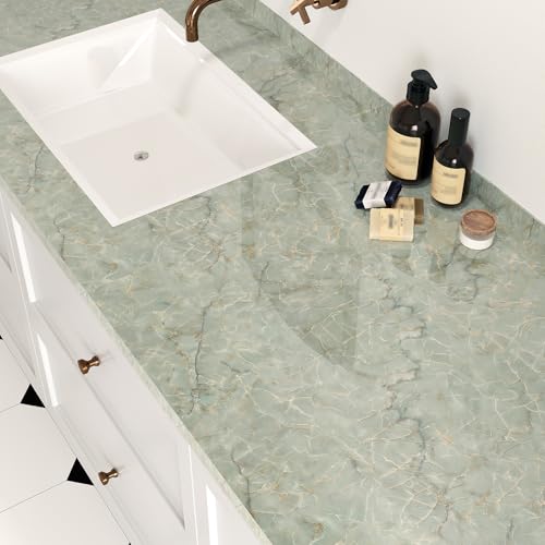 Green Marble Contact Paper for Countertops Waterproof Green Gold Marble Wallpaper Peel and Stick Glossy Granite Contact Paper for Bathroom Kitchen Backsplash Cabinets Table Cyan Vinyl Decor