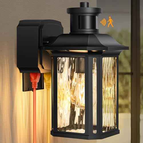 Porch Lights with GFCI Outlet, Dusk to Dawn Motion Sensor Outdoor Lights with E26 Sockets & Glass Shades, Waterproof Anti-Rust Sconce Light, Outside Wall Lamps for House, Black