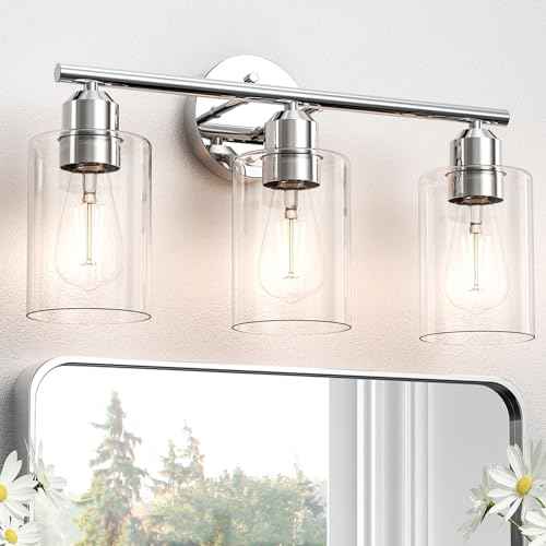 Espird Bathroom Vanity Light Fixtures Polished Chrome Bathroom Lighting Fixture, 3 Lights Bathroom Light Fixture Over Mirror, Modern Black Vanity Light, Wall Sconces with Glass Shades