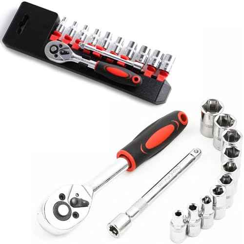 1/4¡± Ratchet Socket Wrench Set, Mechanic Tool Kit and Sockets Set with Quick Release Reversible Ratchet Handle and Extension Bar, 12 Pcs Set